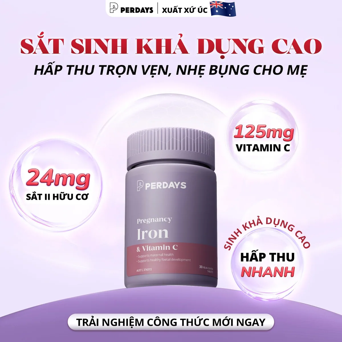 Sắt Perdays hỗ trợ giảm chóng mặt mệt mỏi khi mang thai, sinh khả dụng cao hấp thu tối ưu