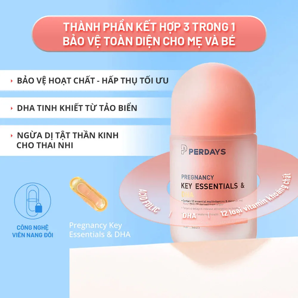 Viên nang đôi PERDAYS Key Essentials với DHA, acid folinic, sắt, iốt, vitamin D3 cho thai kỳ khỏe mạnh
