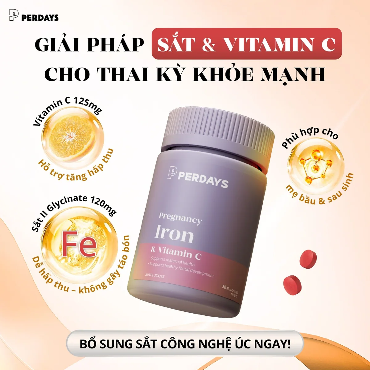 Viên sắt kết hợp vitamin C hỗ trợ bổ sung sắt cho bà bầu